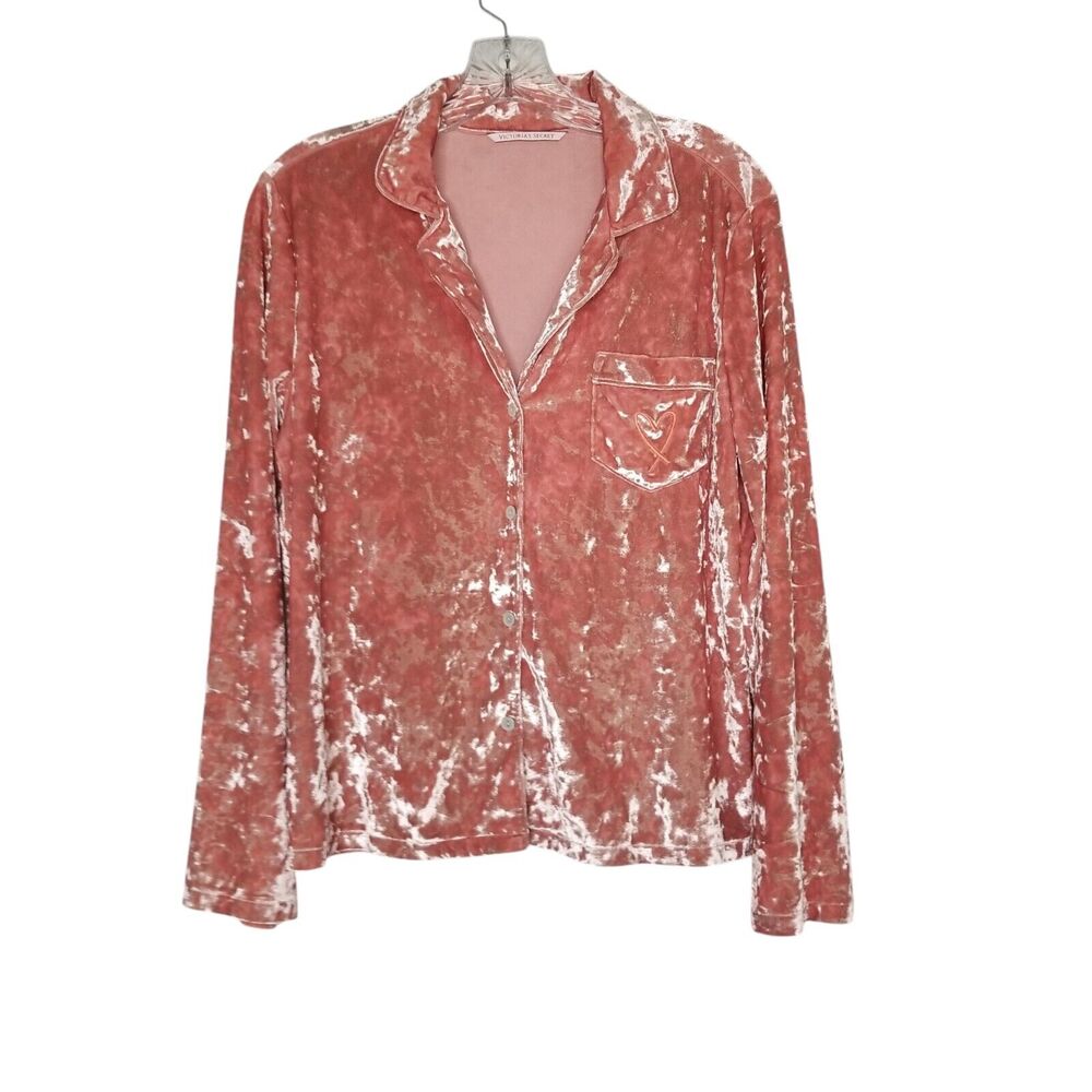Victoria's Secret Pajama Top Pink Crushed Velvet Button Front M/L